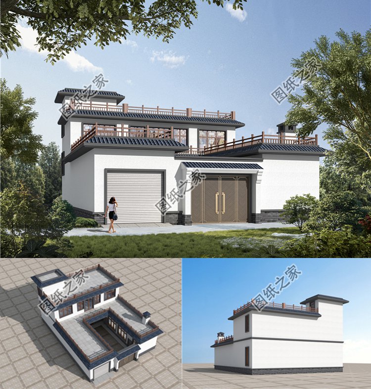 農村平屋頂中式四合院設計圖效果圖