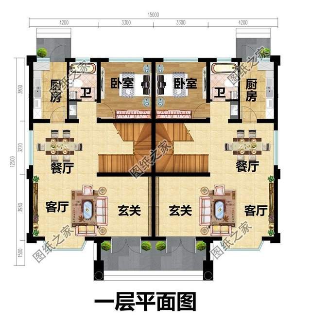 兄弟二層雙拼別墅設(shè)計(jì)圖，大家似園圃，花團(tuán)錦簇
