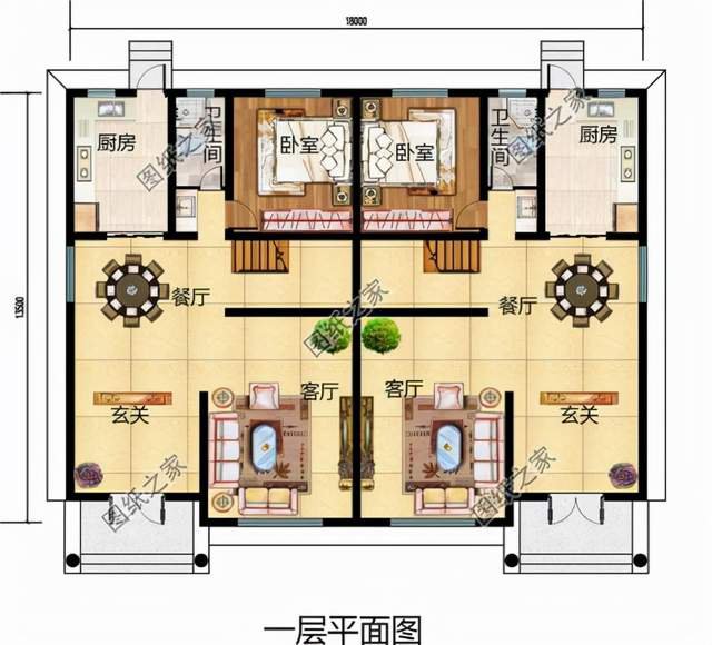 兄弟二層雙拼別墅設(shè)計(jì)圖，大家似園圃，花團(tuán)錦簇