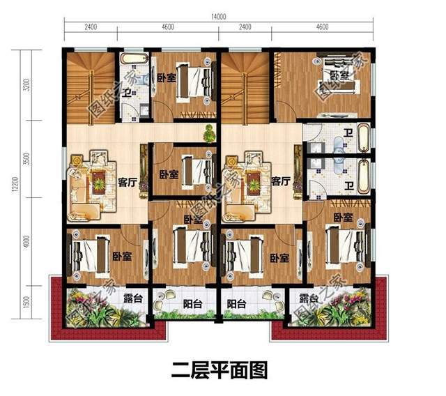 兄弟二層雙拼別墅設(shè)計(jì)圖，大家似園圃，花團(tuán)錦簇