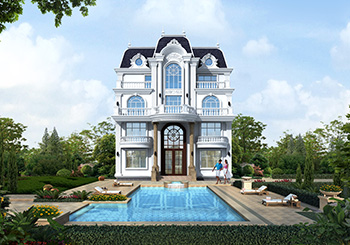 四層巴洛克別墅設計圖，旋轉樓梯搭配超大挑空客廳，很有氣勢