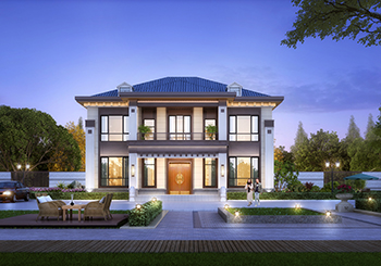 外觀造型對稱的二層別墅設計圖，老虎窗+挑空客廳