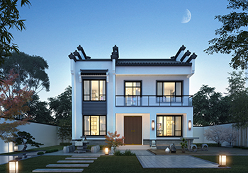 偏中式徽派的二層房屋農(nóng)村別墅設(shè)計圖，馬頭墻小青瓦