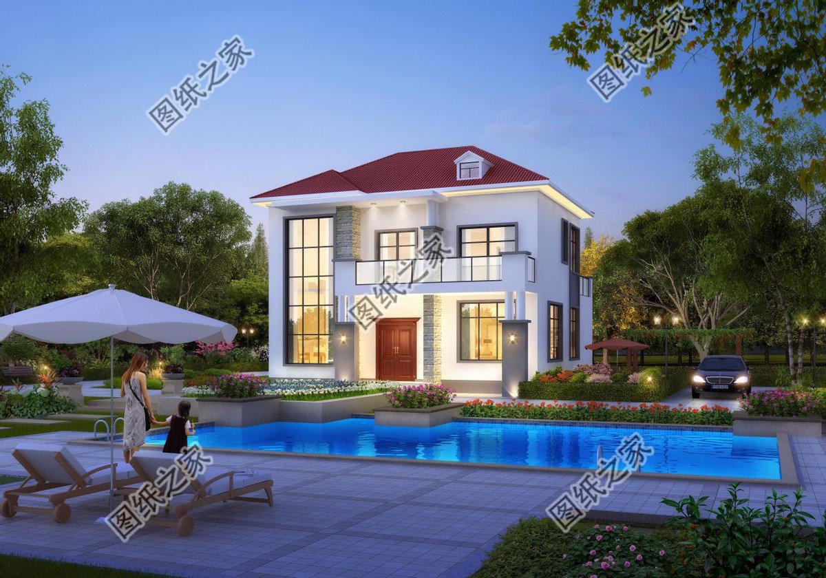 現代二層別墅設計，通體白墻紅瓦，簡約大方