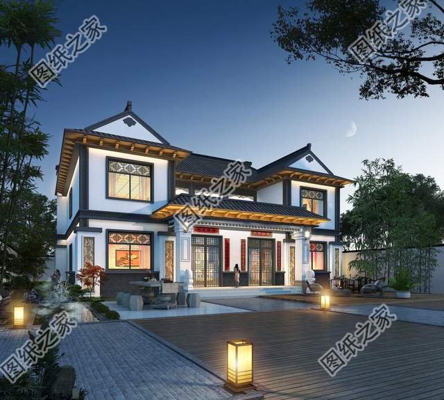 雙拼四合院別墅設計圖，外觀造型古典大氣，內部更顯格調檔次