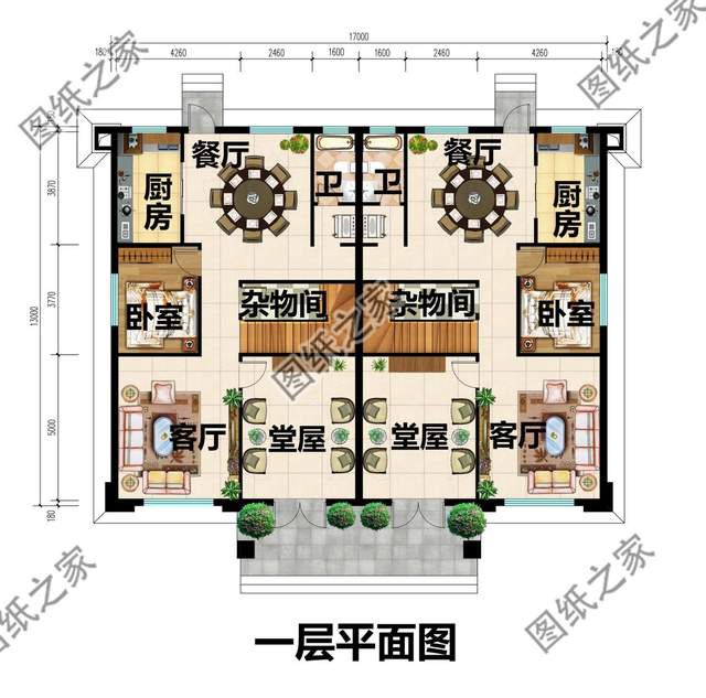 雙拼四合院別墅設計圖，外觀造型古典大氣，內部更顯格調檔次