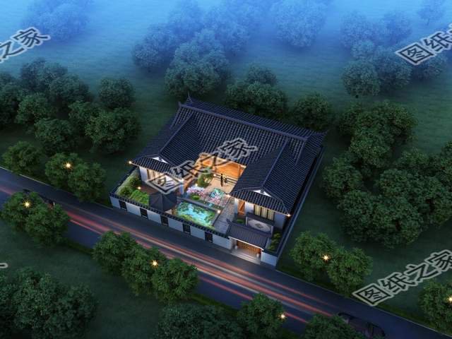 一層三合院別墅設計，清雅古韻，色調沉穩靜默