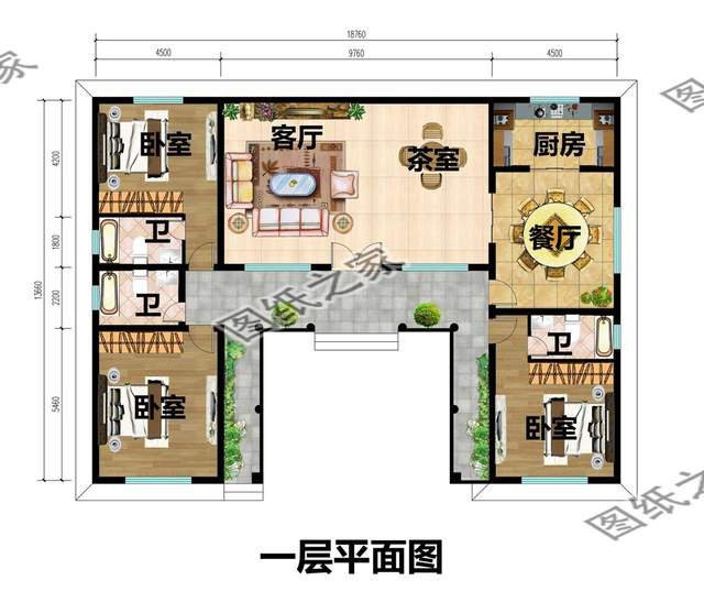 一層三合院別墅設計，清雅古韻，色調沉穩靜默