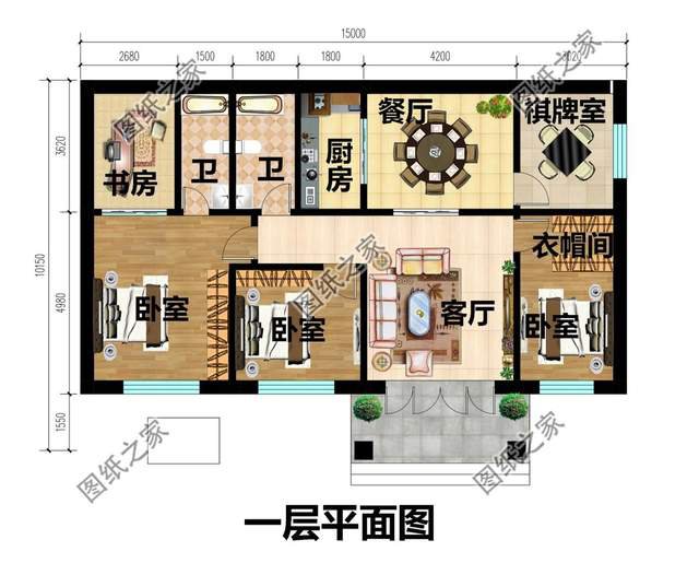 一層農村自建房設計，背面不開窗，內部布局緊湊而實用