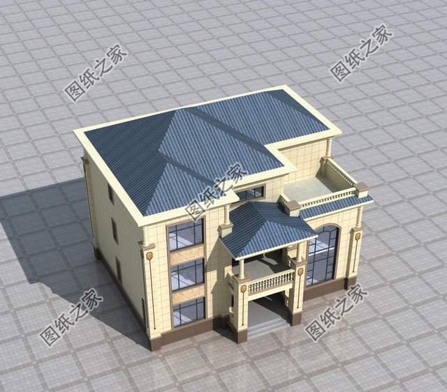 農村三層歐式別墅，白色墻體與藍灰色坡屋頂搭配和諧，增添浪漫感