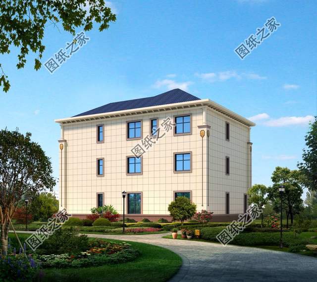 農村三層歐式別墅，白色墻體與藍灰色坡屋頂搭配和諧，增添浪漫感