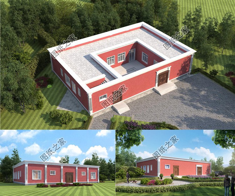 一層平頂磚混別墅設計圖效果圖