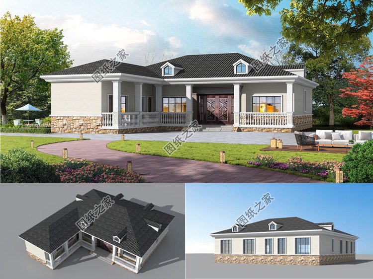 農村七字形獨棟一層別墅設計圖效果圖