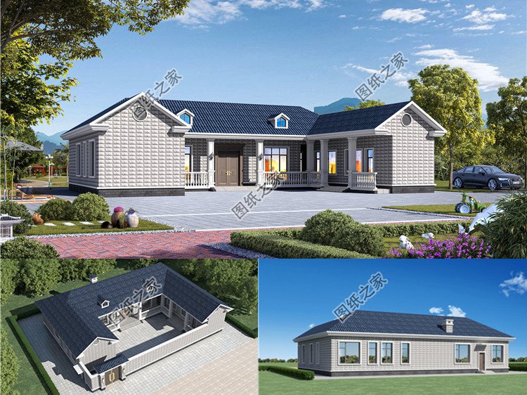 中式一層三合院別墅設計圖效果圖