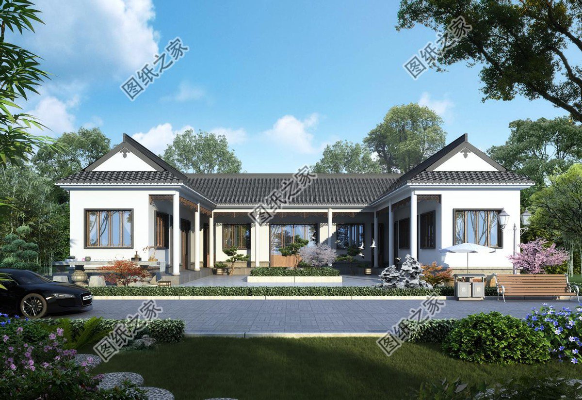 一層合院農村別墅設計，一家人住在一起，非常有氣氛