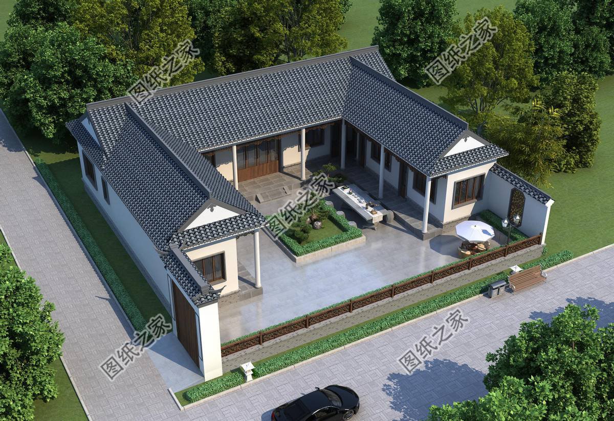 一層合院農村別墅設計，一家人住在一起，非常有氣氛