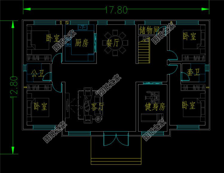 200平米二層五間對(duì)稱(chēng)式結(jié)構(gòu)別墅一層平面圖