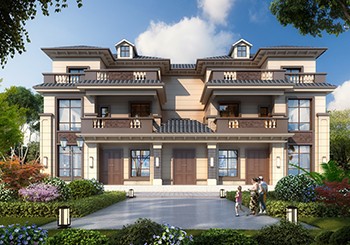 大氣新中式三層雙拼別墅設(shè)計(jì)圖及外觀，總面寬20米多