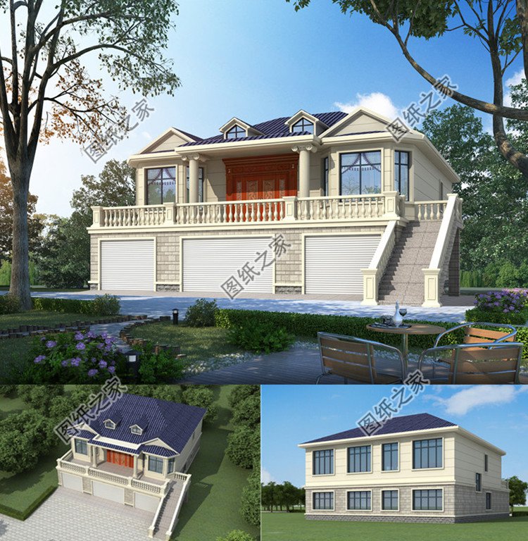 帶車庫架空層的農村別墅效果圖