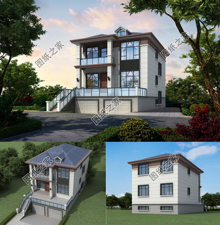 9×16米帶架空層二層現代別墅效果圖