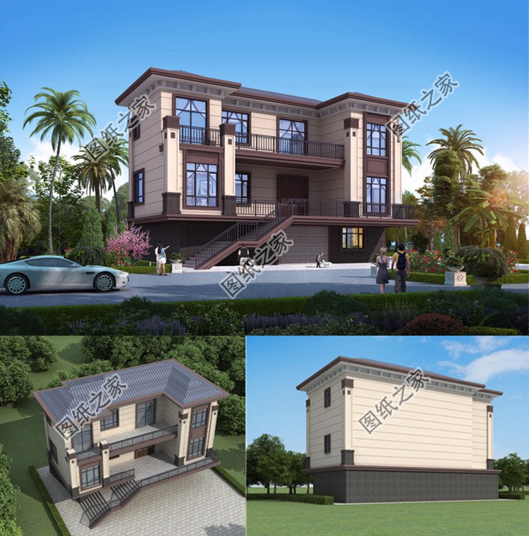 帶架空層的三層中式別墅效果圖