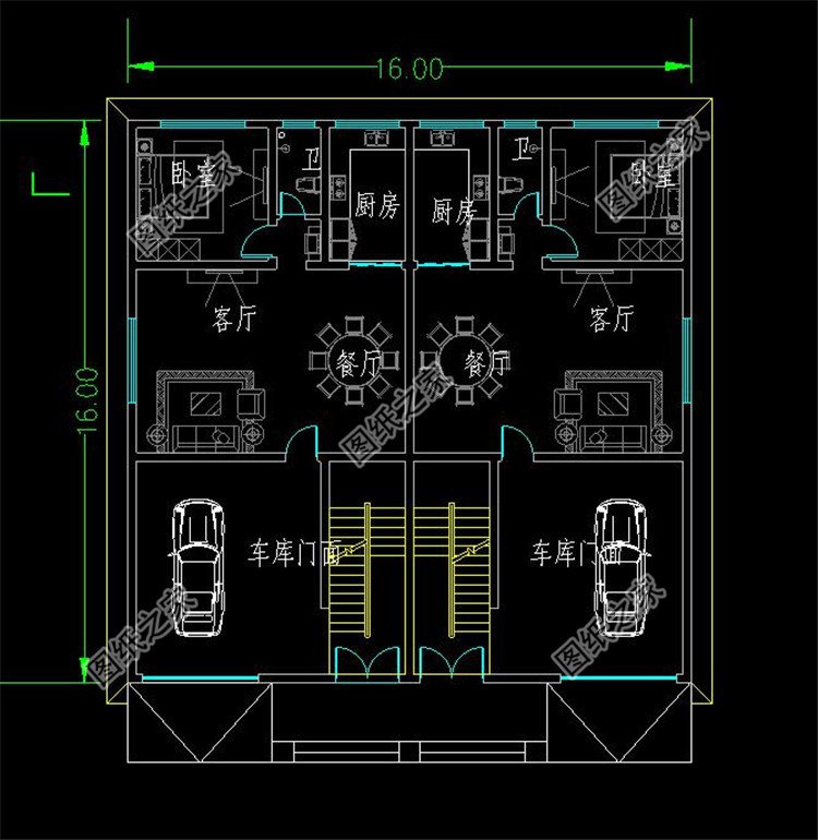 帶雙露臺帶車庫雙拼別墅設計圖一層