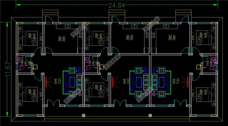 小戶型三戶聯排別墅房屋設計圖一層