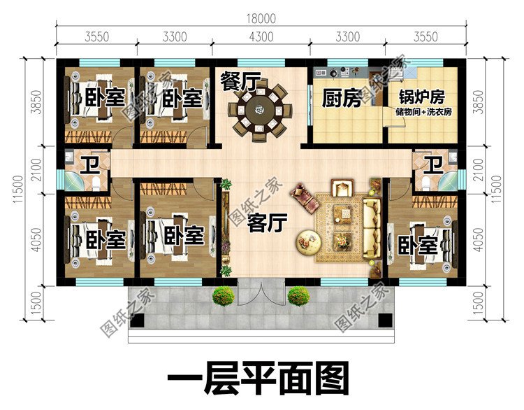 五開間一層農村平房設計圖一層