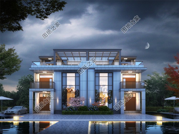 現代風雙拼別墅效果圖設計案例