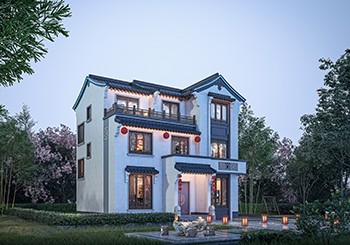 新徽派農村三層小別墅設計圖，白墻黛瓦中式風，12米乘11米