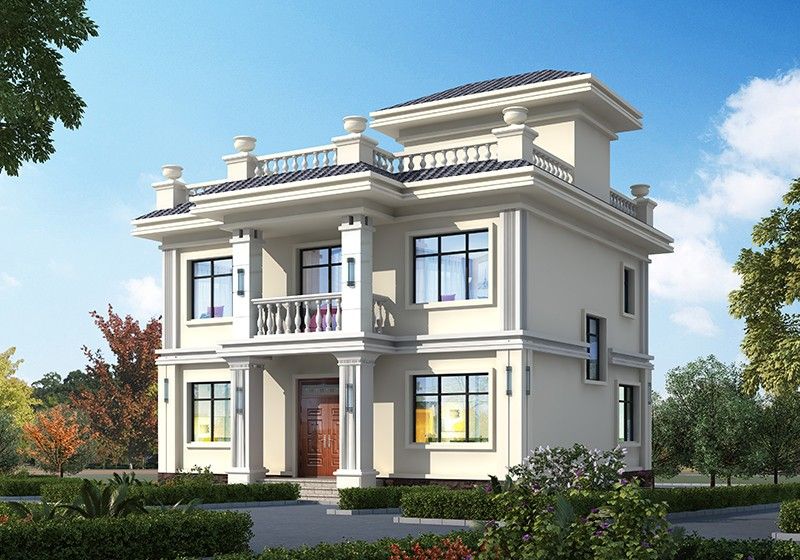 帶地下室三間二層農村自建房設計圖，現代平屋頂設計