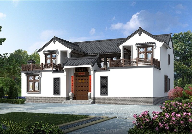 中式四合院農村自建房設計圖，白墻黛瓦，四水歸堂