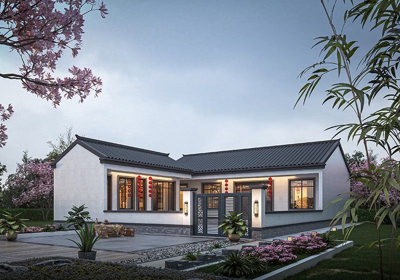 一層中式七字型房屋設(shè)計(jì)圖，帶院子經(jīng)典設(shè)計(jì)，耐看不過(guò)時(shí)