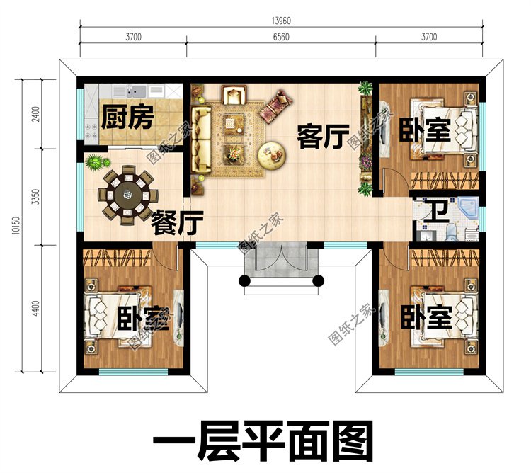 中式一層三合院別墅設計圖2