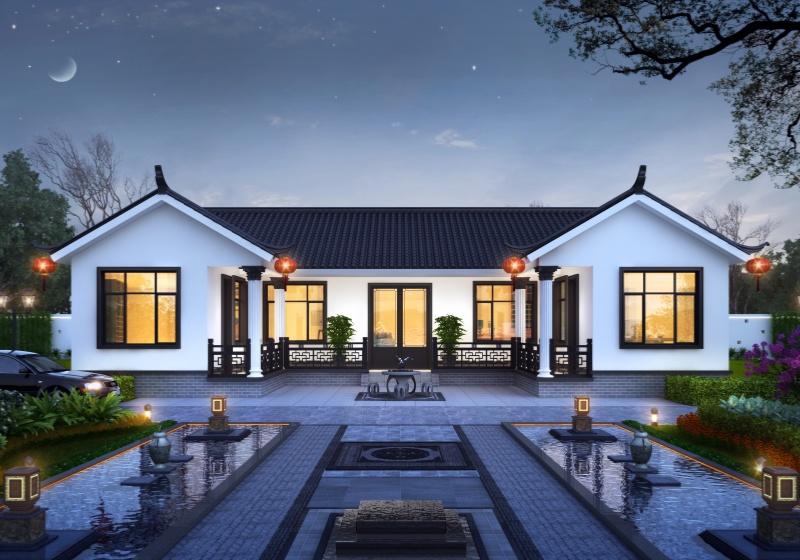 18米寬一層中式小院設計圖，三合院戶型布局寬敞大氣