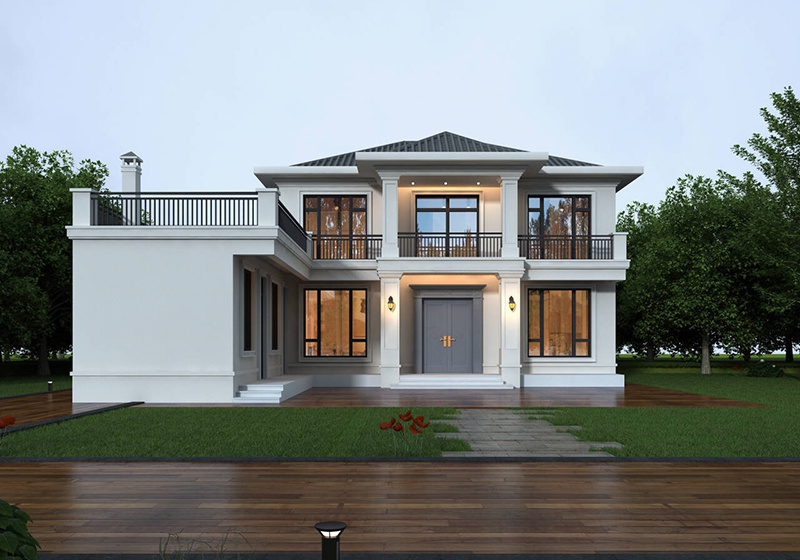 七字形二層戶型農(nóng)村自建房別墅設(shè)計(jì)圖，廚房獨(dú)立設(shè)在外，室內(nèi)干凈少油煙