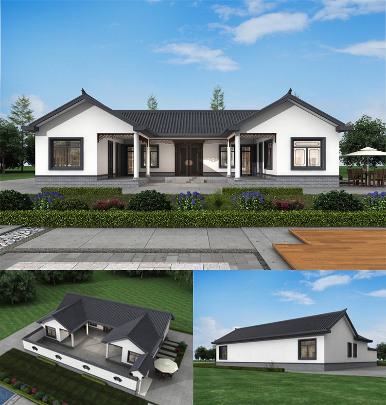 經典大氣耐看一層新中式自建房設計圖1