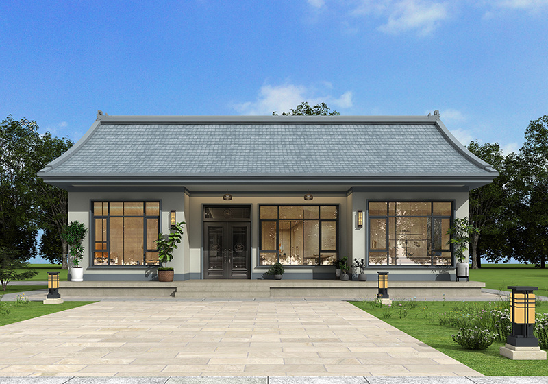 面寬14米進深11米坡屋頂一層農村別墅設計圖，造型新穎